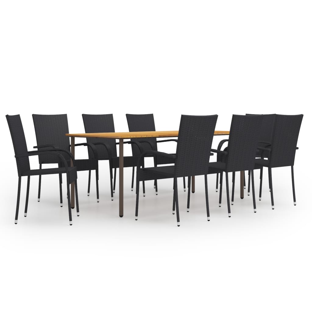 Dining Set Black Solid acacia wood, Powder-coated steel, PE rattan