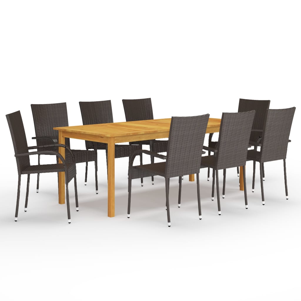 Dining Set Brown Solid acacia wood, PE rattan, powder-coated steel