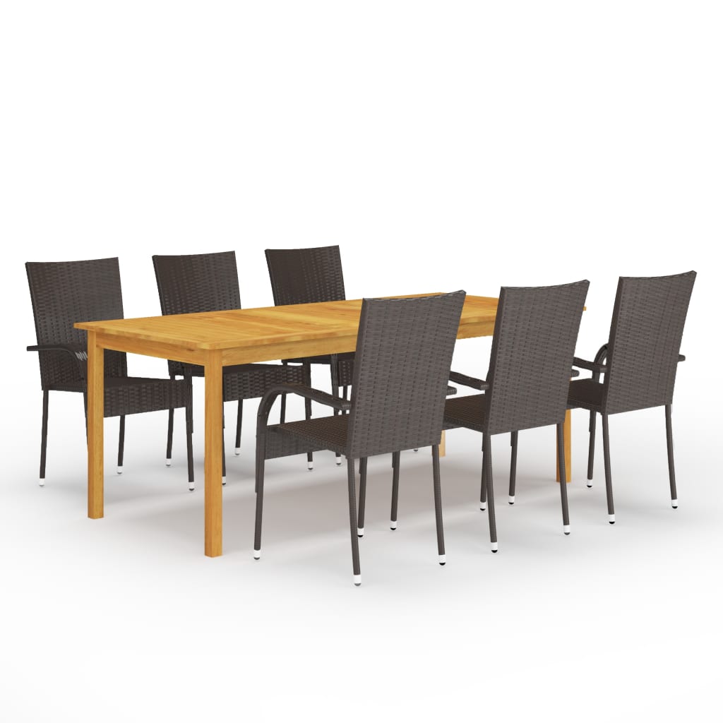 Dining Set Brown Solid Acacia wood, PE Rattan, Powder-Coated Steel