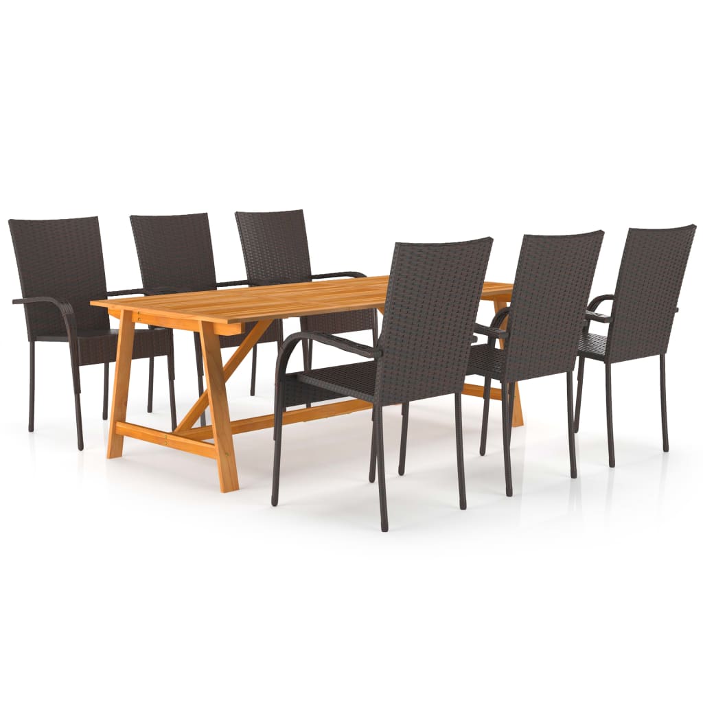 Dining Set Brown Solid acacia wood, PE rattan, powder-coated steel