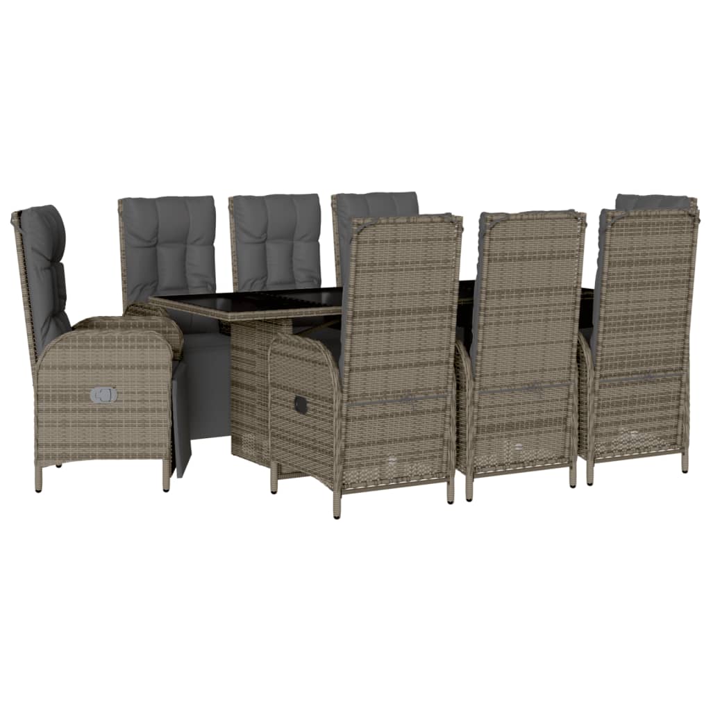 Dining Set Grey Poly Rattan, Powder-Coated Steel, Tempered Glass