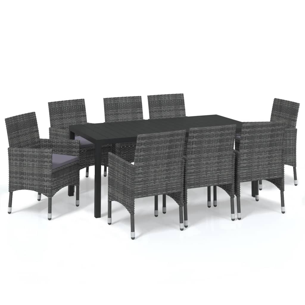Dining Set Grey Polyethylene rattan, aluminum, steel, WPC, polyester
