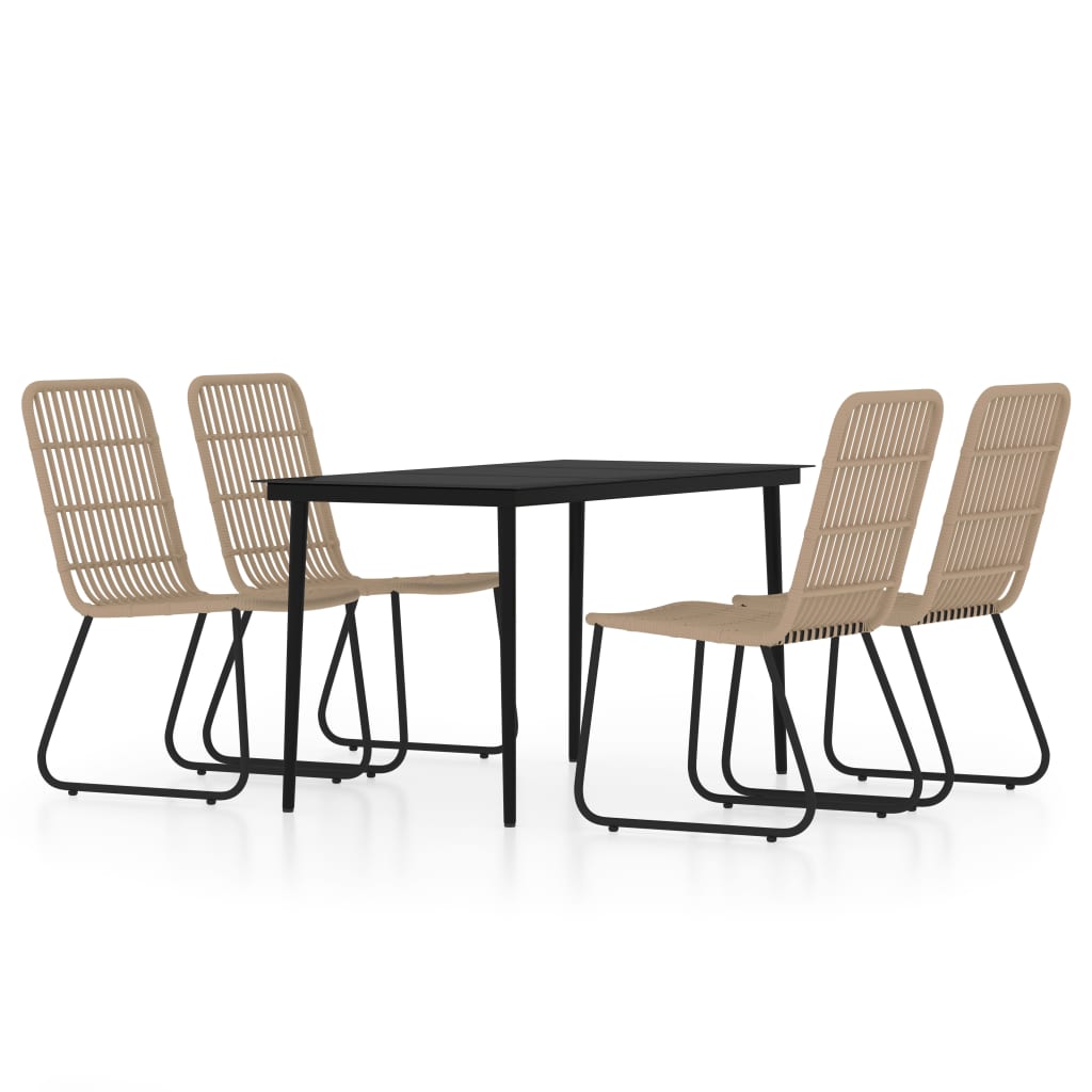 Dining Set Oak and black PE rattan, powder-coated steel, glass