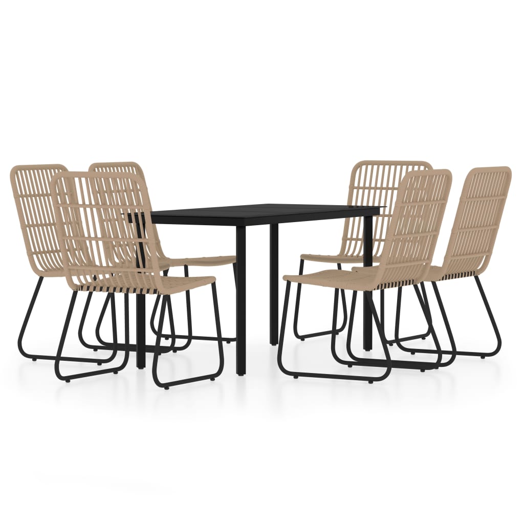 Dining Set Oak and Black PE Rattan, Powder-Coated Steel, Glass
