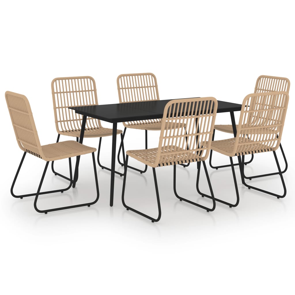 Dining Set Oak and black Poly rattan, powder-coated steel, glass
