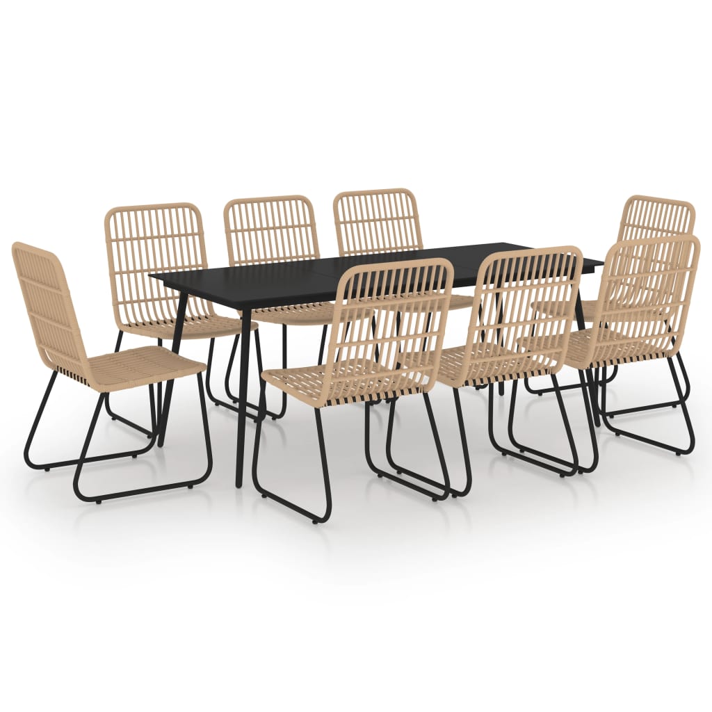 Dining Set Oak and black Poly rattan, powder-coated steel, glass