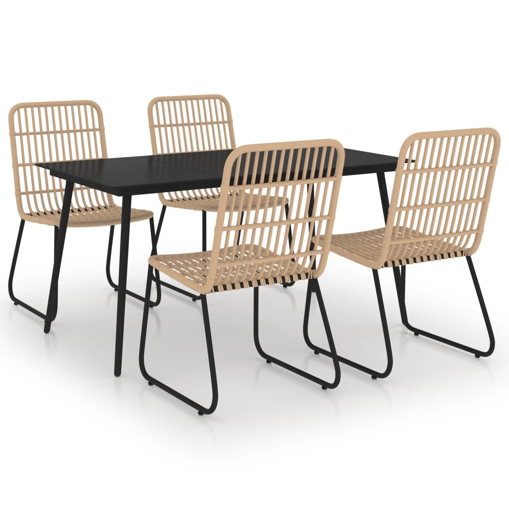 Dining Set Oak and Black Poly Rattan, Powder-Coated Steel, Glass