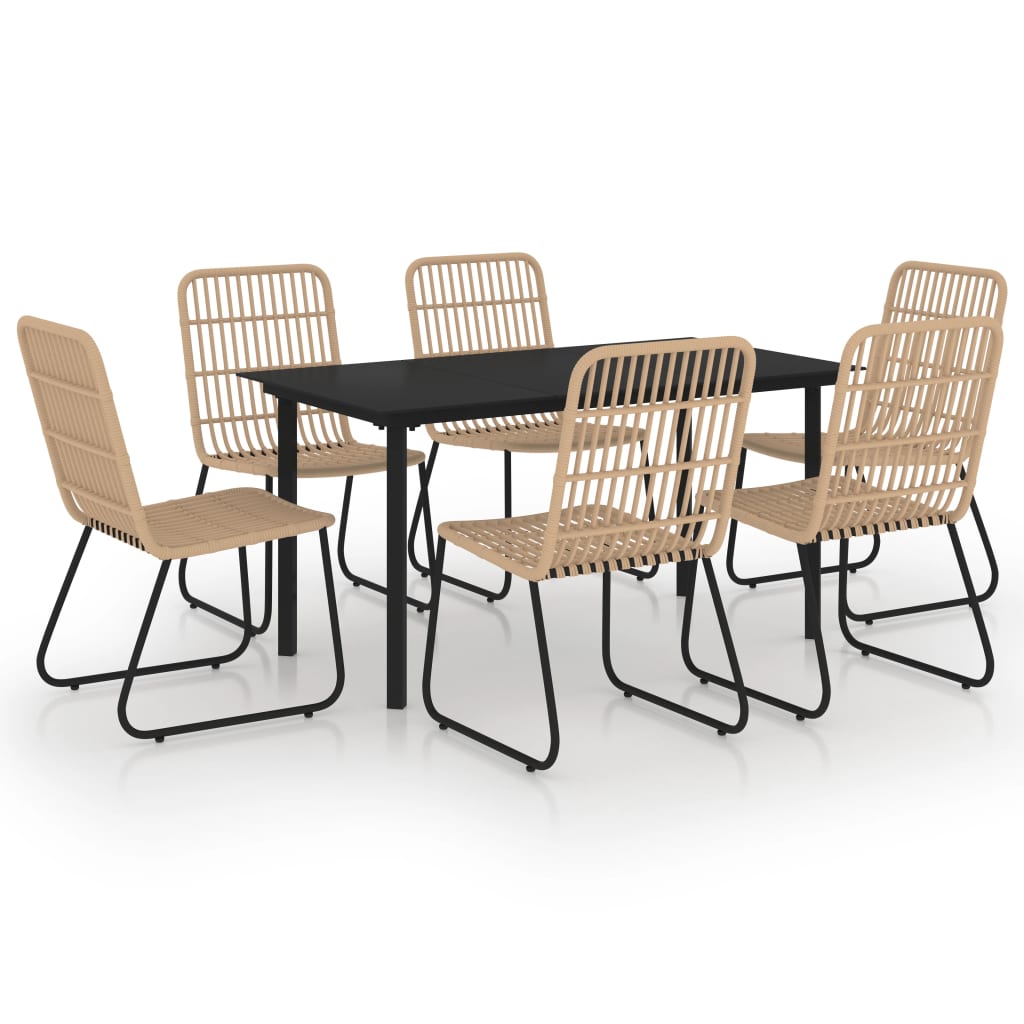 Dining Set Oak and Black Poly Rattan, Powder-Coated Steel, Glass