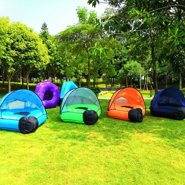 Double inflatable couch for outdoor patios, a portable garden sofa and air pad that doubles as a lazy sleeping bag bed with sunshade