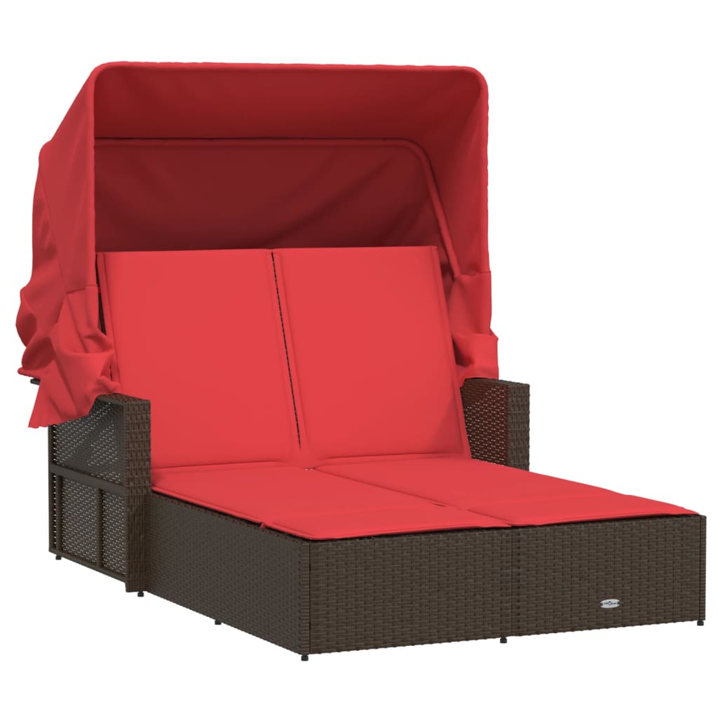 Double Sun Lounger Brown PE rattan, powder-coated steel, fabric