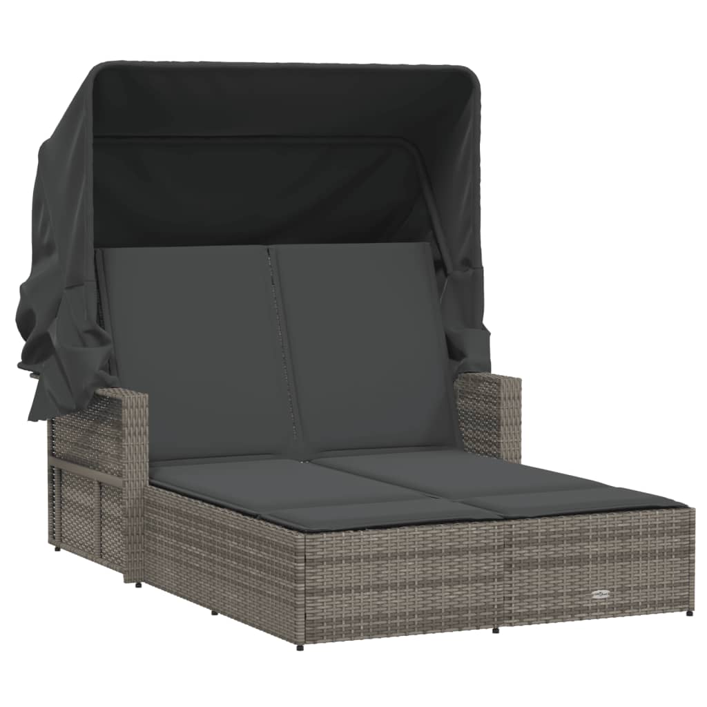 Double Sun Lounger Grey PE Rattan Double Adjustable Armrests