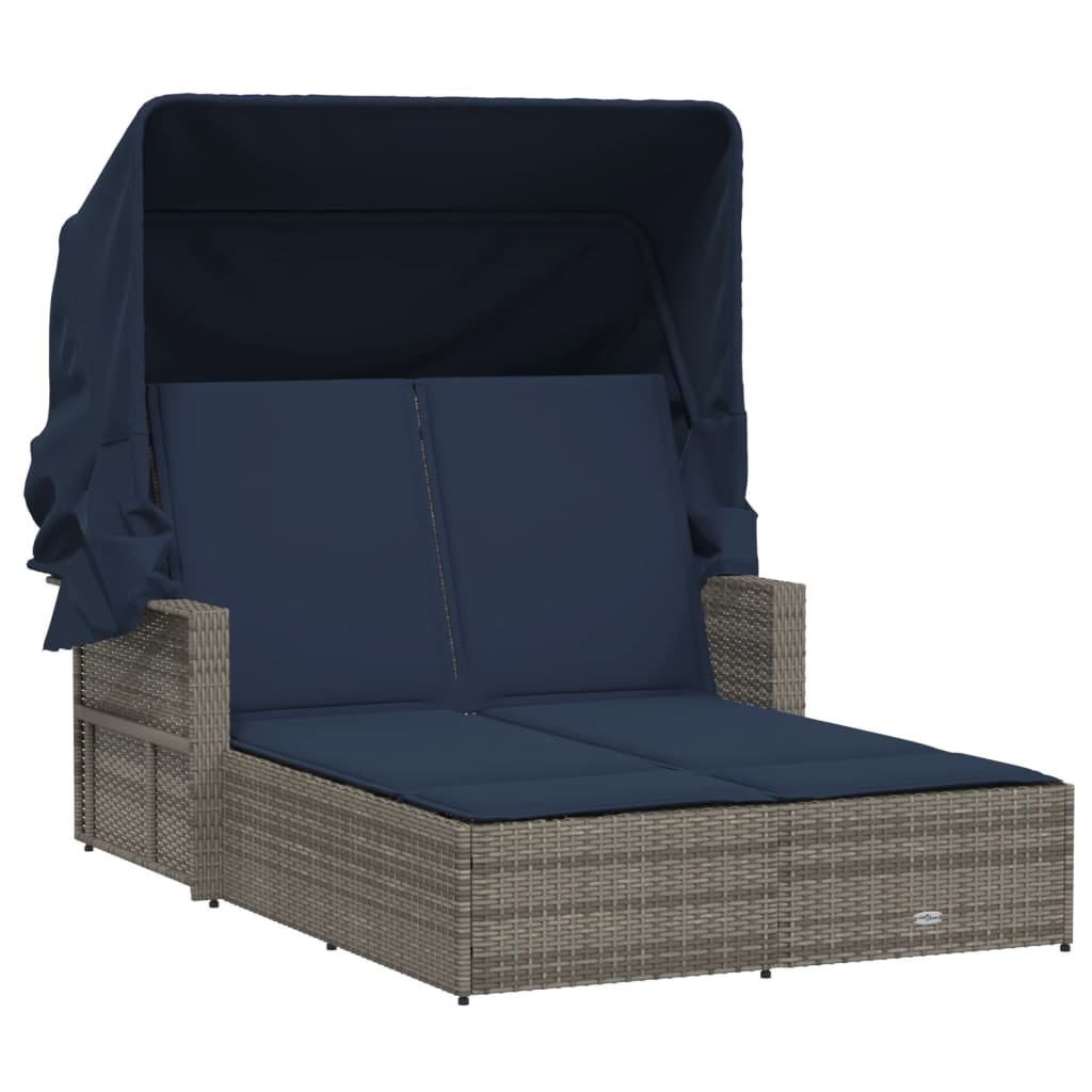 Double Sun Lounger Grey PE rattan, Navy blue cushions