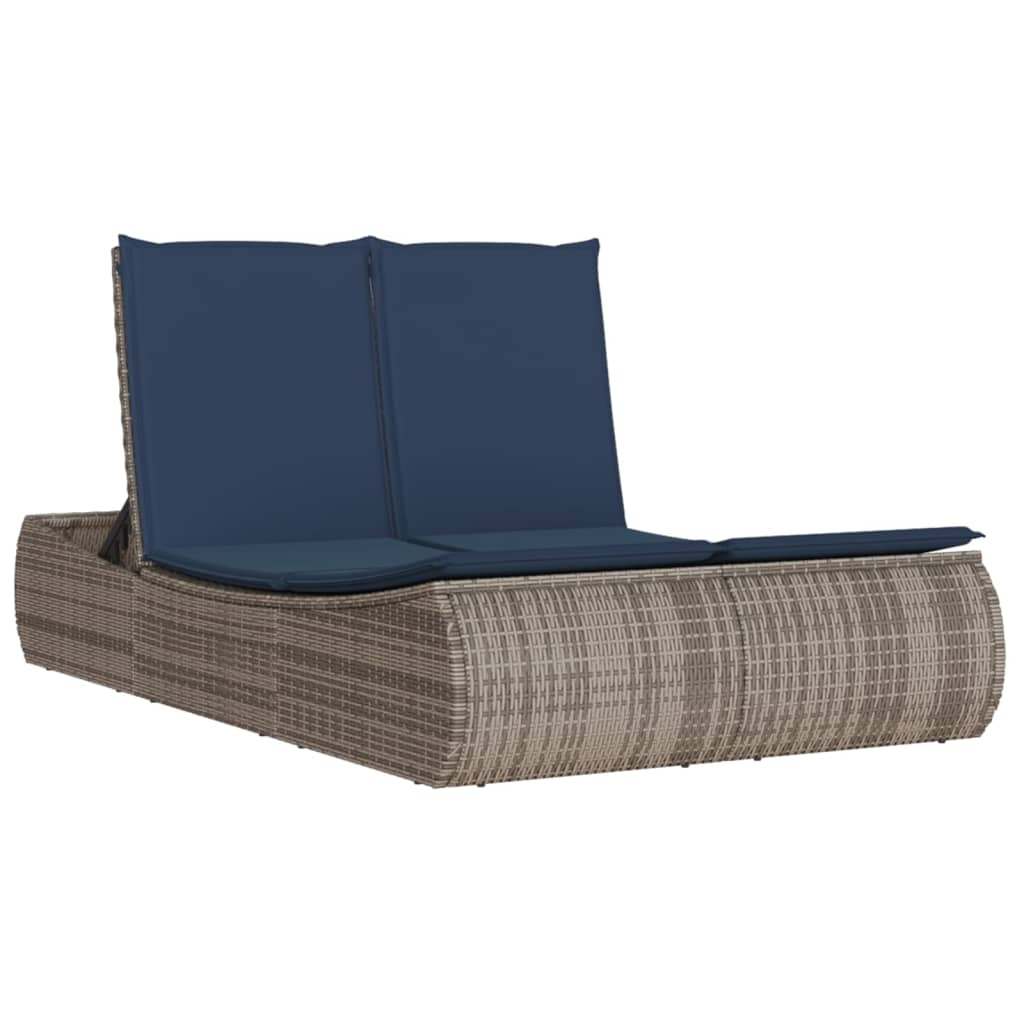 Double Sun Lounger with Cushions Gray Poly Rattan