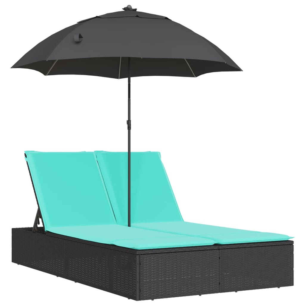 Double Sun Lounger with Cushions&Parasol Black Poly Rattan