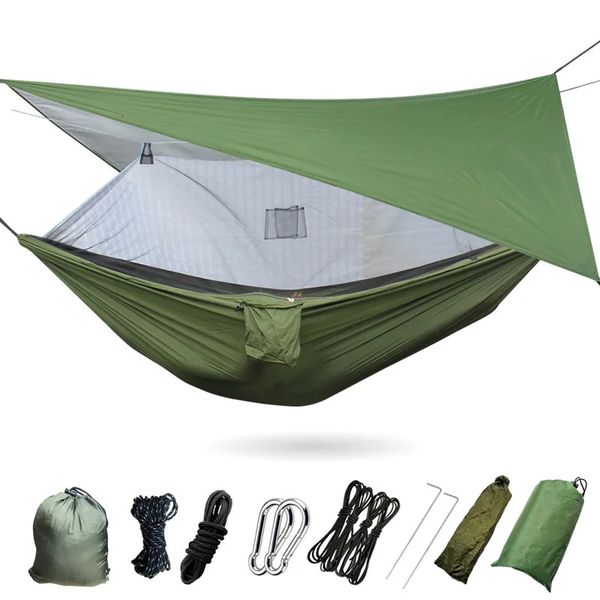 Easy setup mosquito net hammock with wind ropes and nails, portable for camping, travel, and yard use, size 290x140cm