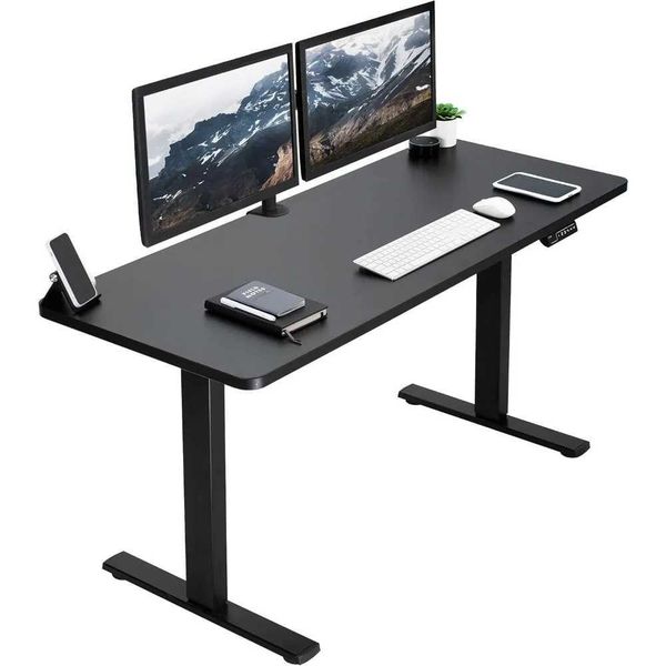 Electric height-adjustable 60x24 inch memory stand-up desk with black solid one-piece tabletop and black frame Q240703