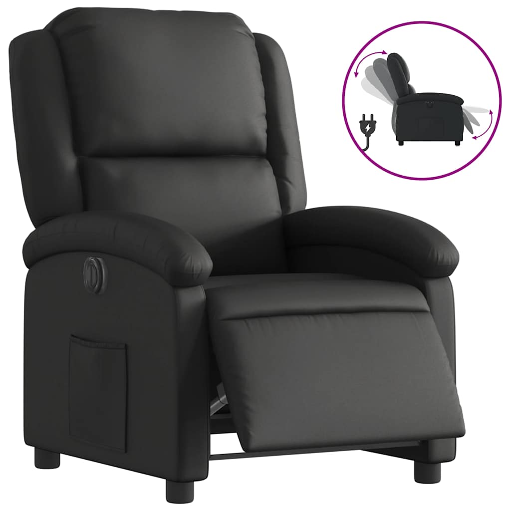 Electric Recliner Chair Black Real Leather