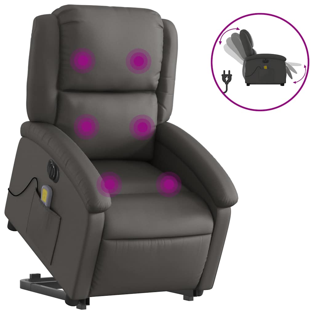 Electric Stand Up Massage Recliner Chair Gray Real Leather Standard
