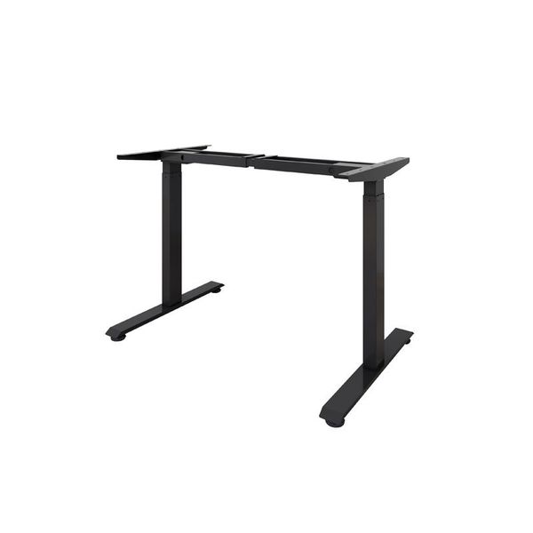 Electric standing desk with height-adjustable storage lockers and dual-motor frame for rapid lifting