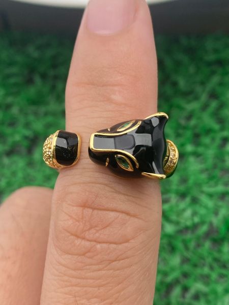 Elegant brass cuff ring for women featuring leopard and panther designs with micro pave cubic zirconia and enamel accents