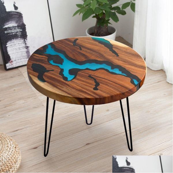 Elegant hairpin legs for Nordic-style river base coffee and dining tables made of wood and epoxy resin, delivered to your home garden