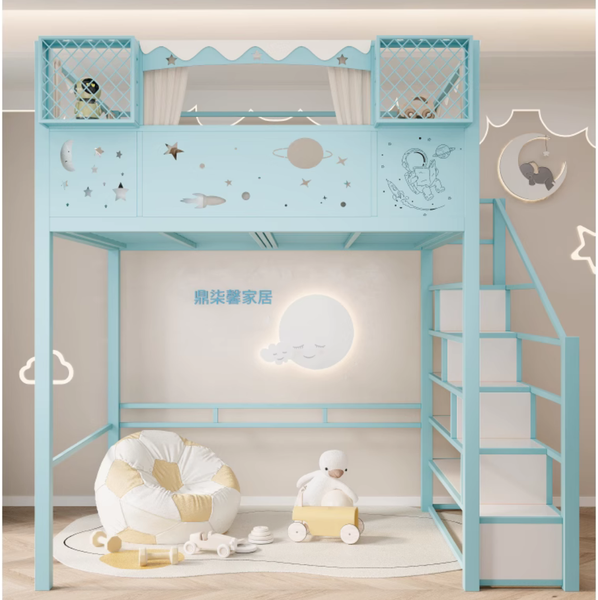 Elevated bed: Raised sleeping platform  
Wrought iron sheets: Metal sheets made of forged iron  
Upper bunk bed: Top level of a bunk bed  
Lower table: Table positioned beneath another structure  
Second floor bed: Bed located on the upper level  
Children's bed: Bed designed for kids