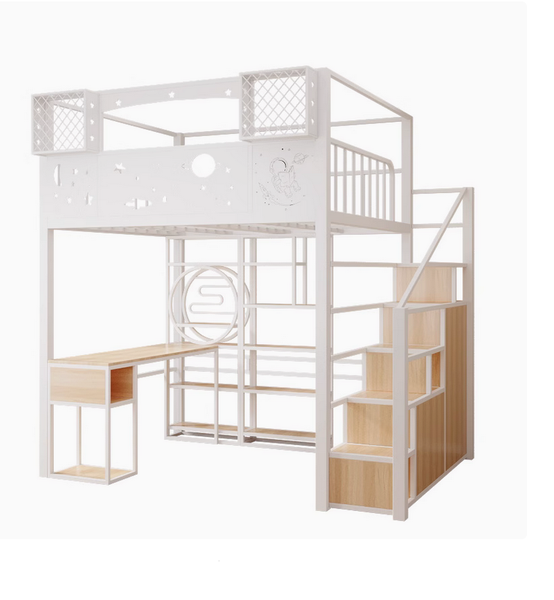 Elevated bed with wrought iron frame, loft bed featuring a desk