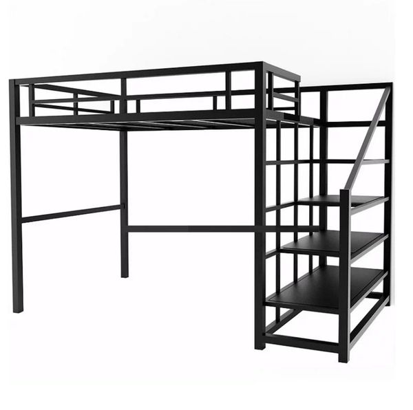 Elevated iron-framed attic bed with rust-resistant coating and metal ladder cabinet