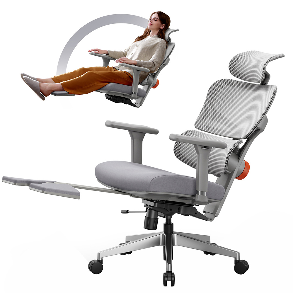 Ergonomic NEWTRAL NT002 chair with adjustable lumbar support, armrests, headrest, and footrest in gray