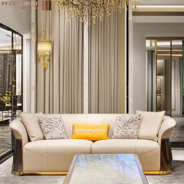 European Italian-inspired modern living room set featuring genuine leather sofas combined with wooden elements, ideal for hotels