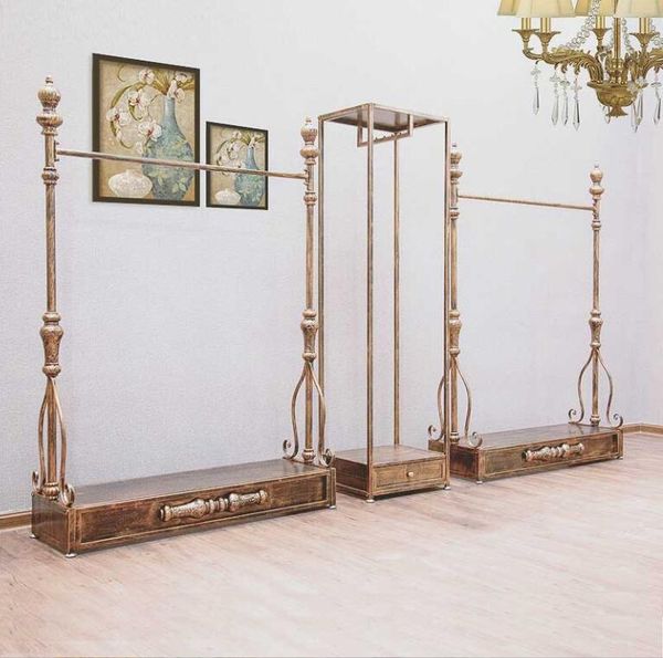 European-style iron retro clothing racks for floor display in shops, featuring hanging shelves in gold bronze finish