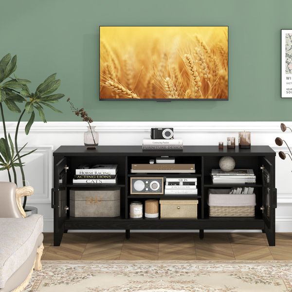 Farmhouse-style TV stand with 4 adjustable shelves, fits TVs up to 65 inches