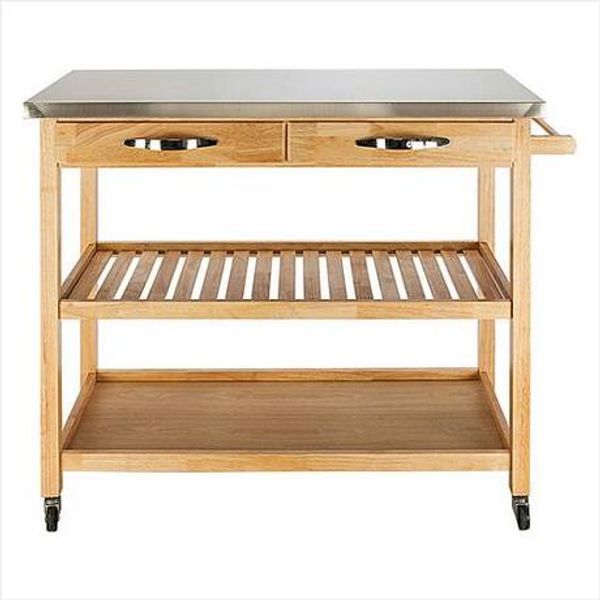 Fashionable free-shipping wholesale mobile kitchen cart featuring stainless steel top, two drawers and two shelves in burlywood