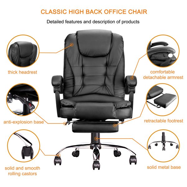 Fashionable high-back ergonomic office chair with adjustable PU leather swivel design, lumbar support, footrest, and computer desk compatibility for home use