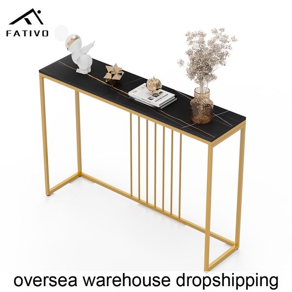 FATIVO 47.2-inch entryway console with gold legs and modern stone top