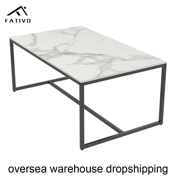 FATIVO Rectangular Coffee Table: Stylish modern sofa-side table with a sintered stone top and black iron legs, perfect for living rooms or bedrooms