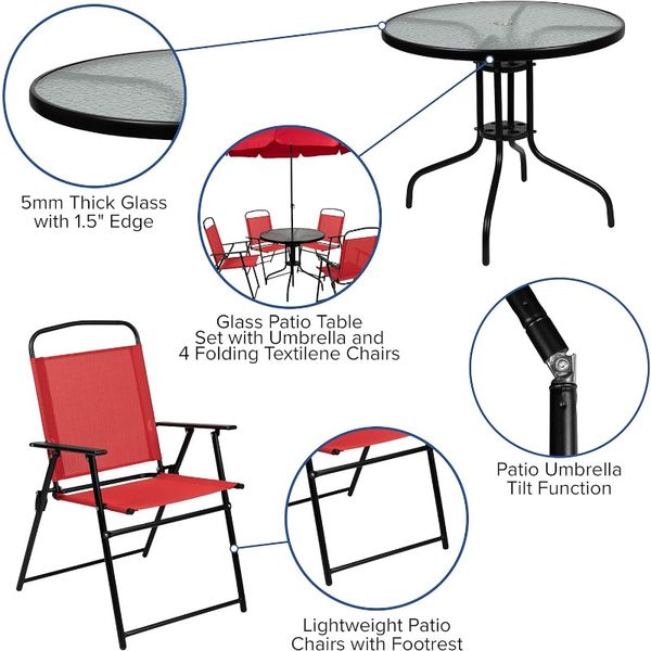 Flash Furniture Nantucket 6-Piece Patio Set with Umbrella Table and 4 Black Folding Chairs