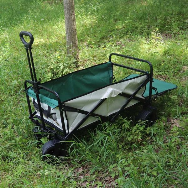 Folding handcart with adjustable handle, ideal for outdoor activities like camping, beach trips, and picnics, offering large capacity and portability