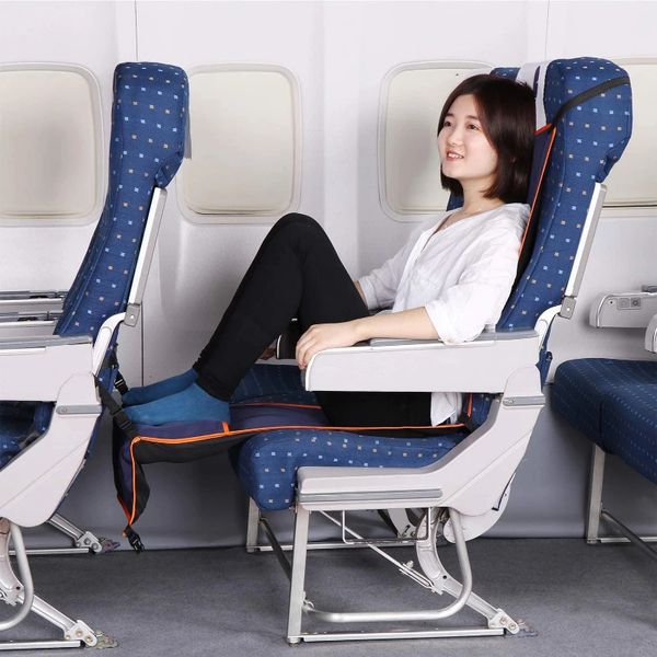 Footrest hammock with inflatable pillow for travel on planes, trains, buses, and outdoor use in black