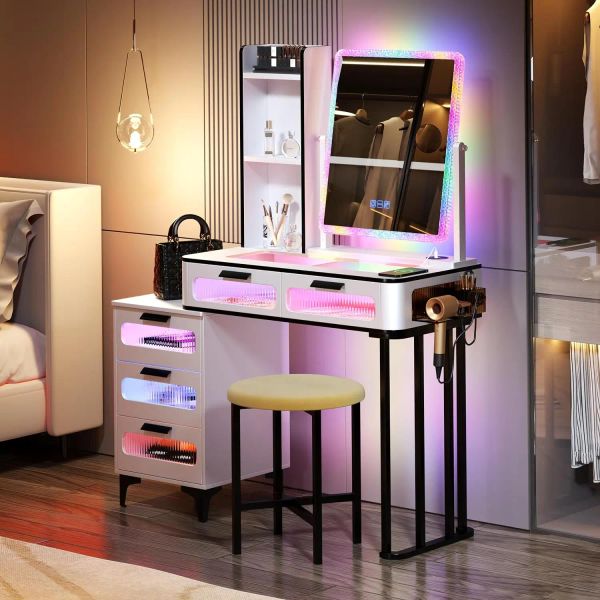 FREDEES Vanity Desk featuring Mirror, Lights, Glam Glass Top, 5 Drawers & USB Charging Station