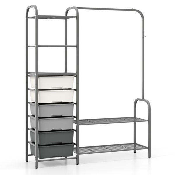 Free-standing closet organizer featuring detachable drawers and shelves