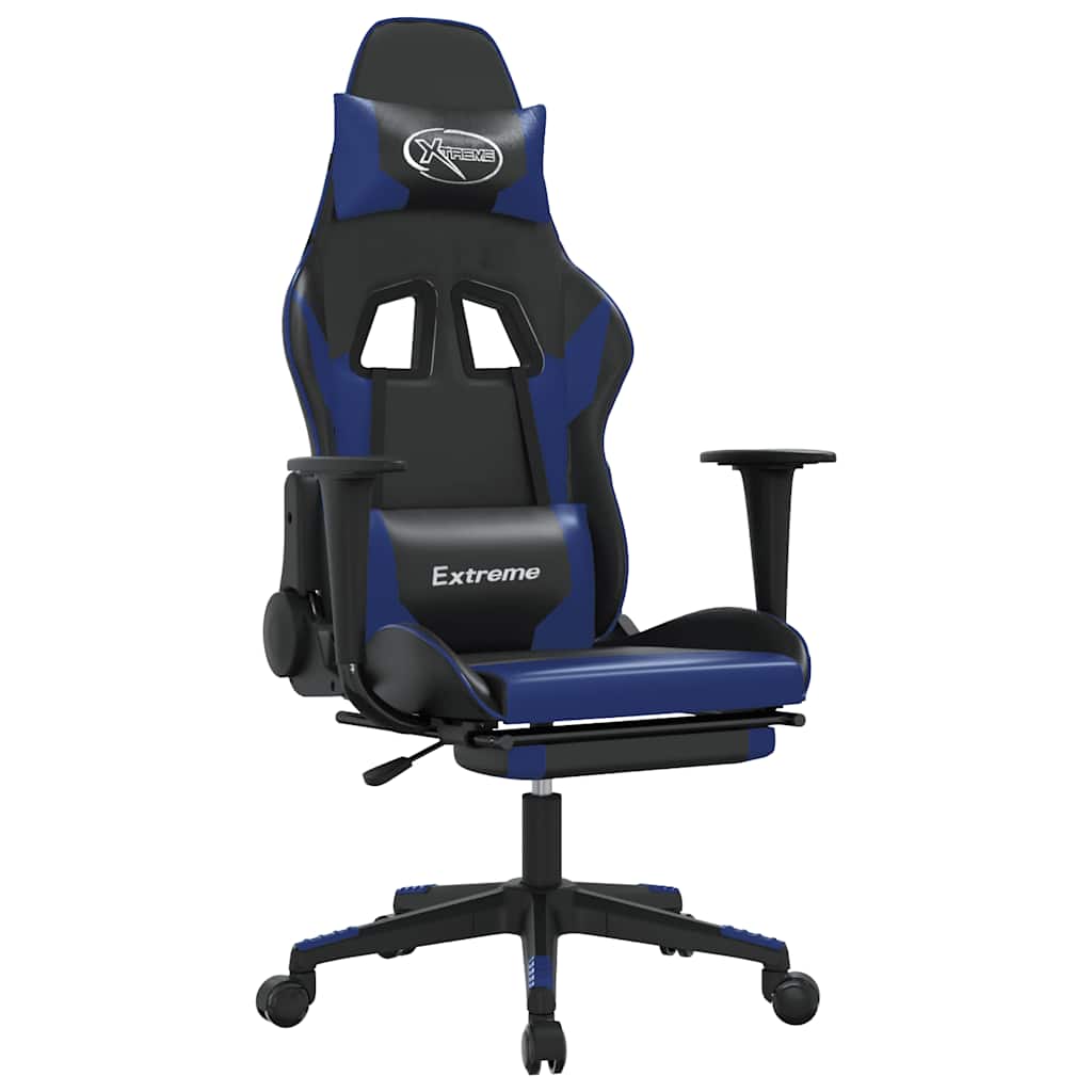 Gaming Chair Black and Blue Faux Leather, Metal, Plywood, Foam