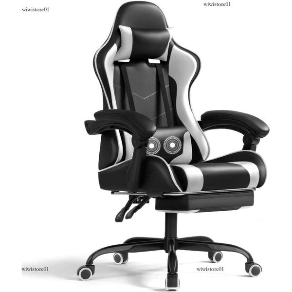 Gaming chair featuring a footrest, massage lumbar support, 360° swivel, adjustable height, and headrest