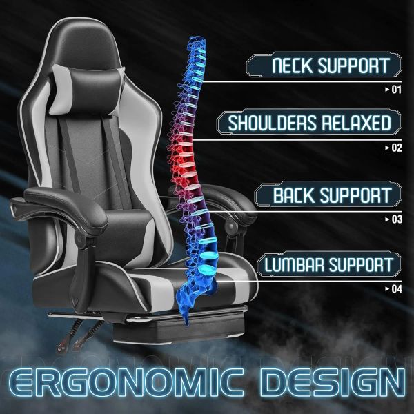 Gaming chair featuring adjustable height, footrest, and ergonomic lumbar massage support for video game enthusiasts