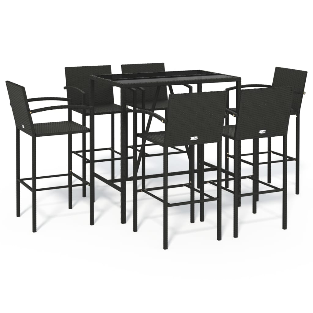 Garden Bar Set Black PE Rattan, Powder-Coated Steel, Tempered Glass