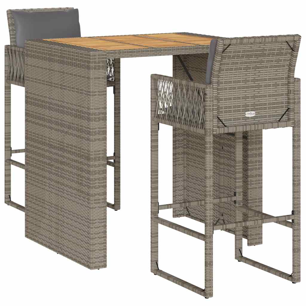 Garden Bar Set Gray PE rattan, Powder-coated steel, Solid acacia wood