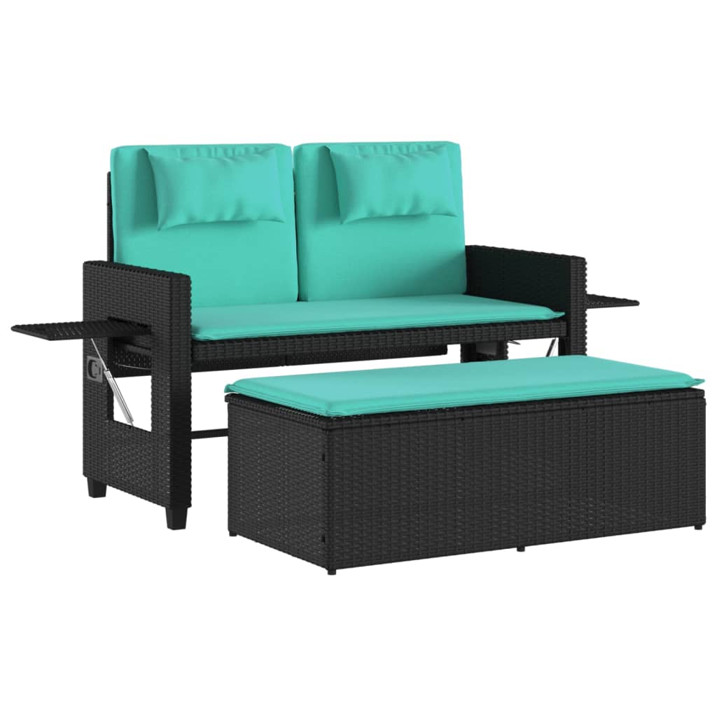 Garden Bench Black and Blue PE rattan, powder-coated steel, polyester