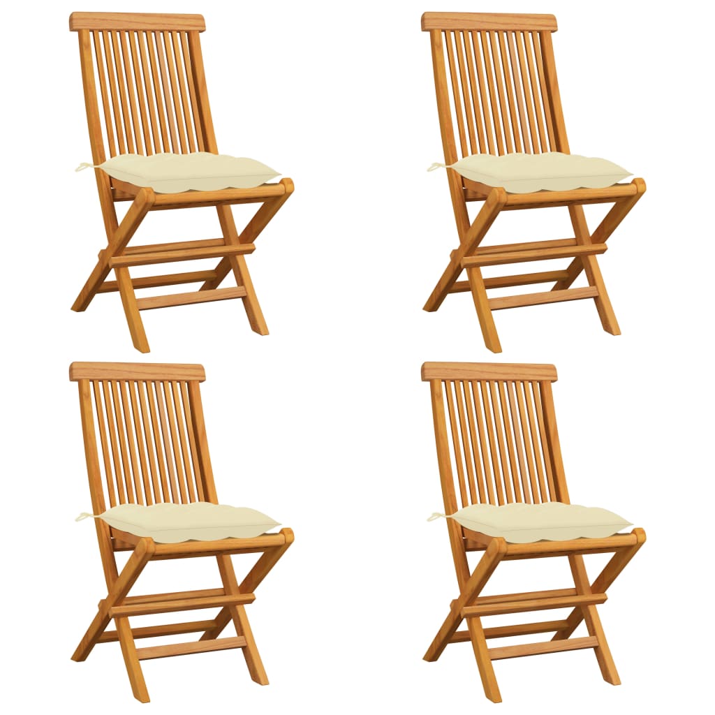 Garden Chair Set of 4 Cream White Teak wood, 100% polyester cushion