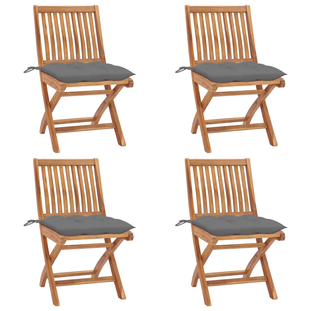Garden Chair Set of 4 Grey Solid Teak Wood, Polyester Medium