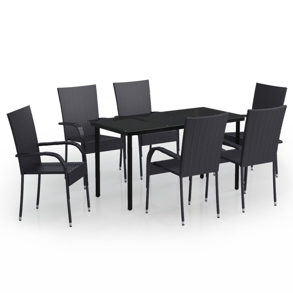 Garden Dining Set Black PE rattan, powder-coated steel, glass